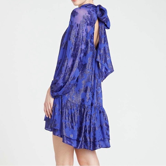 MONIQUE LHUILLIER blue puff sleeve tie back shift dress 6 S - Picture 3 of 11